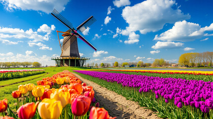 Traditional Dutch Windmill Amidst Vibrant Tulip Fields Under a Blue Sky