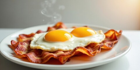 A Delicious Breakfast of Crispy Bacon and Perfectly Cooked Sunny-Side Up Eggs Served on a Simple White Plate