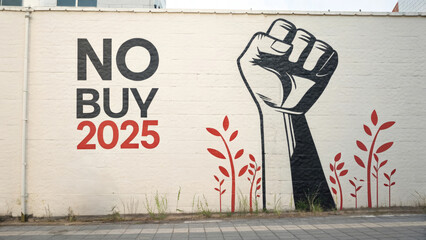 No Buy 2025 Movement Mural - A powerful image of a fist raised in solidarity against consumerism, accompanied by the text "No Buy 2025".  A statement of intent.