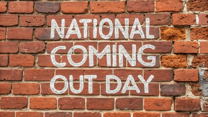 National Coming Out Day Brick Wall - White painted text on a red brick wall announces National Coming Out Day.