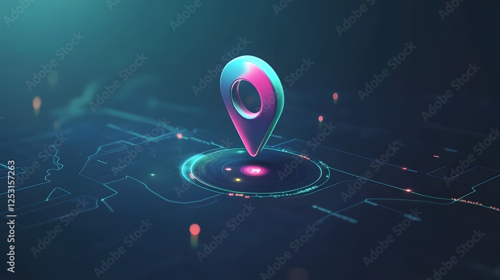 Fototapete Futuristic 3D pointer icon for smart location service and navigation app concept  Dynamic digital pointer marker on abstract grid background representing modern technology web interface