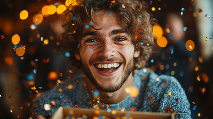 Ecstatic young man celebrates with joyful surprise as he opens a gift box filled with confetti ideal for birthdays parties and special occasion visuals.