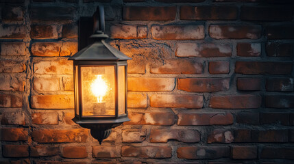 Vintage Lantern on Rustic Brick Wall with Warm Glowing Light