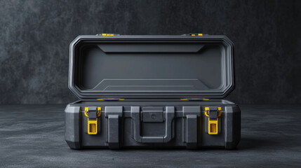 Sturdy black military style toolbox with yellow latches, ideal for storage and transport. Perfect for tools, equipment, and outdoor activities
