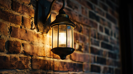 Vintage Lantern on Rustic Brick Wall with Warm Glowing Light
