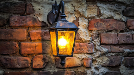 Vintage Lantern on Rustic Brick Wall with Warm Glowing Light