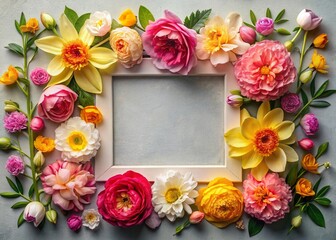 Spring Floral Portrait Frame: Roses, Peonies, Narcissus & Daffodils in Square & Rhombus Design