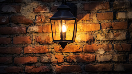 Vintage Lantern on Rustic Brick Wall with Warm Glowing Light