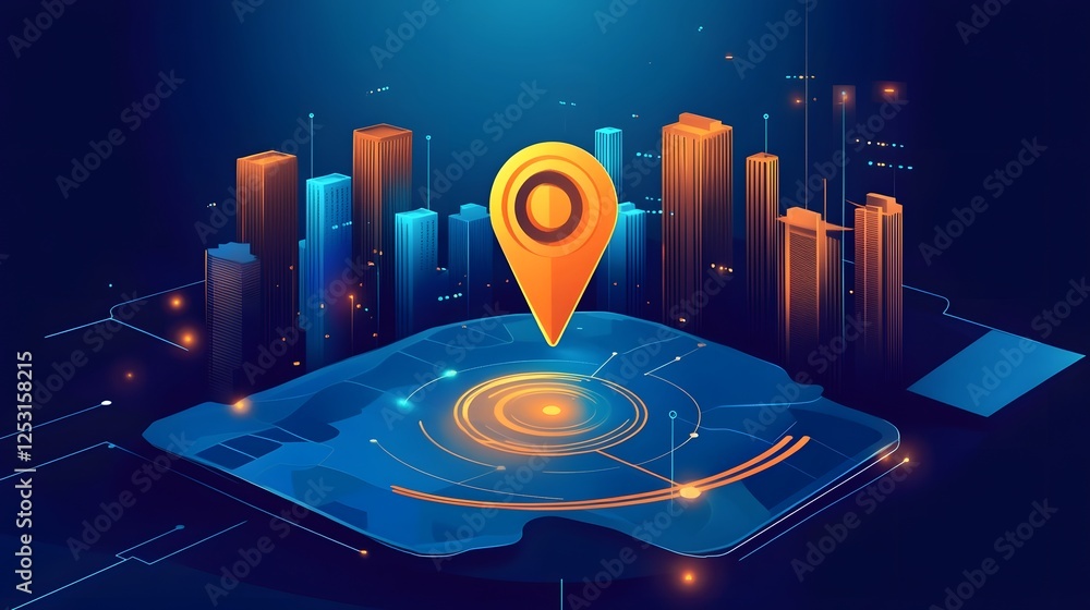 Fototapete Futuristic city skyline with interactive map marker and location pin displayed on a smart device screen representing digital technology navigation and data analytics in an urban