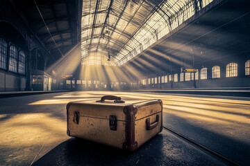 Abandoned Suitcase on a Vintage Train Station Platform with Dramatic Light and Shadows