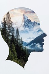 A creative double exposure of a human head silhouette merged with a mountain landscape and forest scenery.