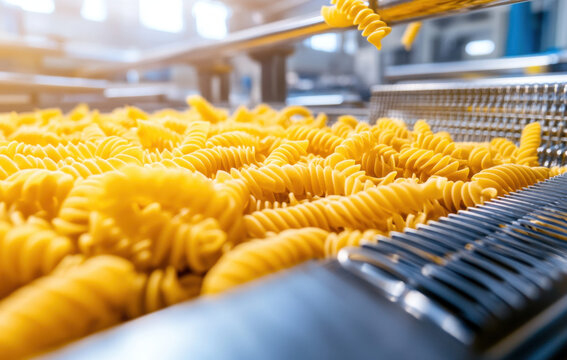 Fusilli pasta being processed in factory, showcasing vibrant yellow spirals. scene captures industrial production of pasta, highlighting raw material and machinery involved