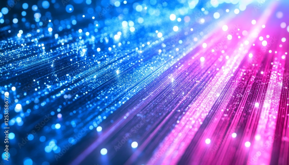 Poster abstract background with glowing lines, particles and blurred neon trail. digital data flow.