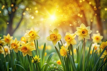 Fototapeta premium Springtime Daffodil Garden - Vibrant Yellow Flowers Long Exposure Photography