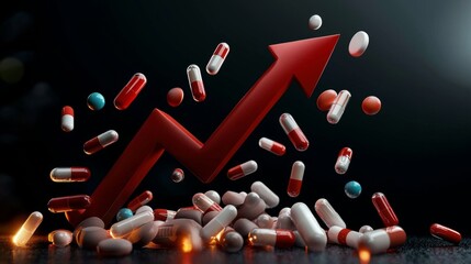 A dynamic image of capsules and tablets with a rising arrow, symbolizing growth in the pharmaceutical or health industry.