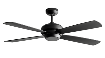 Sleek black ceiling fan isolated on a transparent background