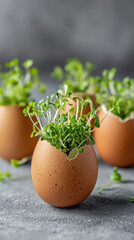 Fresh microgreens growing in eggshells for springtime Easter