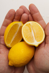 lemon in hands on white background