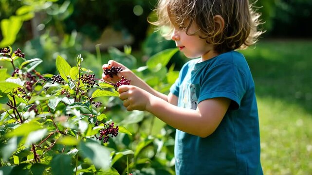 Little boy harvesting fresh elderberries in the garden on a sunny day
