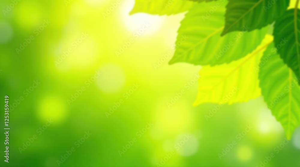 Poster sunlit green leaves and bokeh background ideal for spring or summer designs