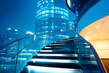 Modern Spiral Staircases in Glass Office Buildings with Vibrant City Lights