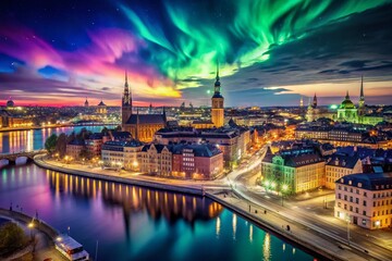 Fototapeta premium Stockholm Aurora Borealis Night Cityscape - Urban Exploration Photography