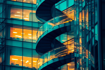 Modern Spiral Staircases in Glass Office Buildings with Vibrant City Lights