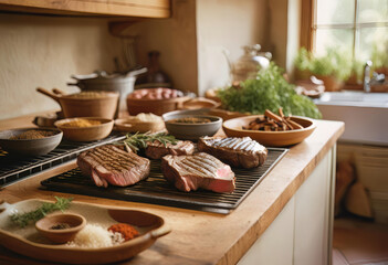 Fototapeta premium A farmhouse-style kitchen with well-cooked steaks and spices on the worktop, warm light, shallow depth of space