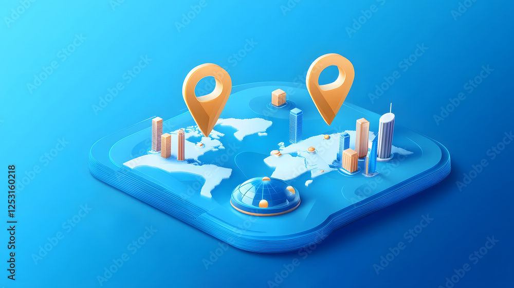 Aufkleber Global business intelligence and strategic planning concept with location markers and icons on a 3D world map showcasing technology data analytics and communication for informed decision making