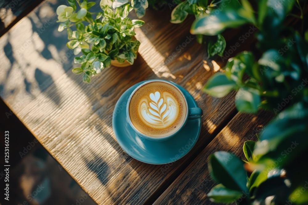 Poster creative workspace with a latte and greenery during a sunny afternoon. generative ai