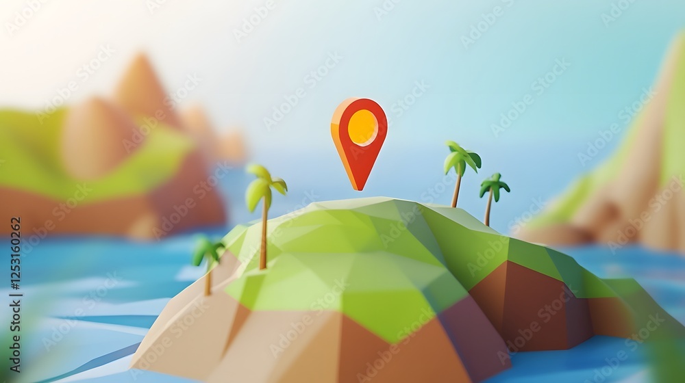 Poster Global Positioning System Map Marker Icon on a Low Poly Polygonal Tropical Landscape Background with Mountains Islands Palm Trees and Ocean  Digital in a Minimalist Geometric Style