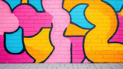 Colorful graffiti wall with abstract shapes in pink, blue, and yellow. This vibrant street art adds lively touch to any urban setting, perfect for creative backgrounds