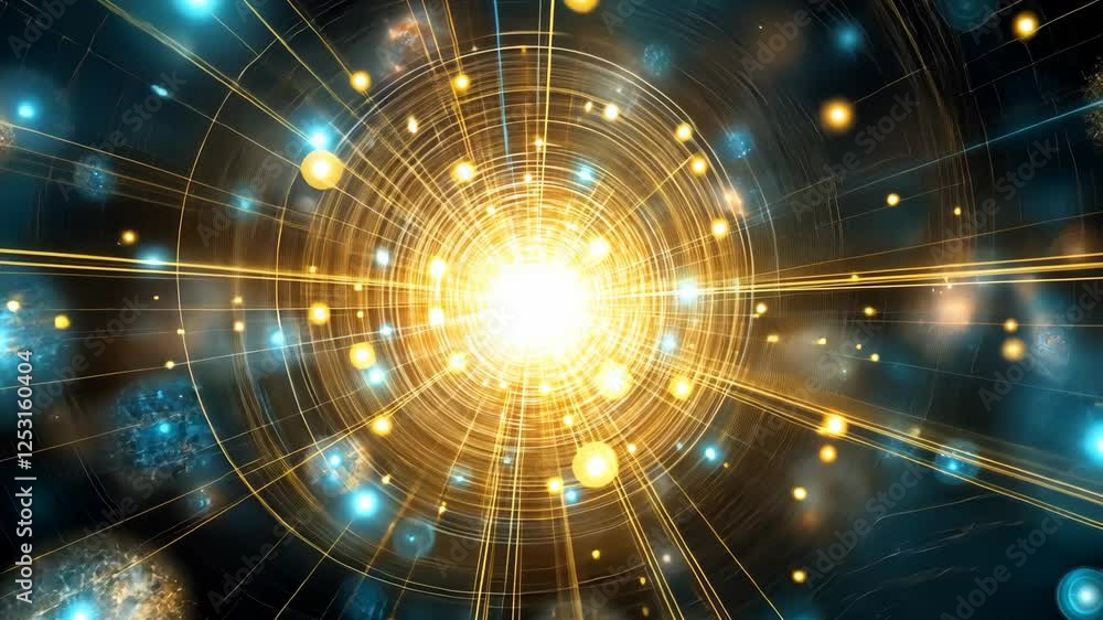 Poster bright energy burst with swirling patterns and radiating light in a cosmic space setting during a vi