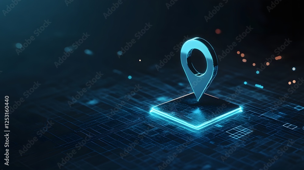 Poster Glowing blue digital map pin marker displayed on futuristic technology interface with geometric polygons and neon lighting  Concept of online navigation data visualization and global connectivity