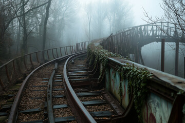 Abandoned railway tracks disappearing into a misty forest, overgrown with lush green foliage and surrounded by dense trees