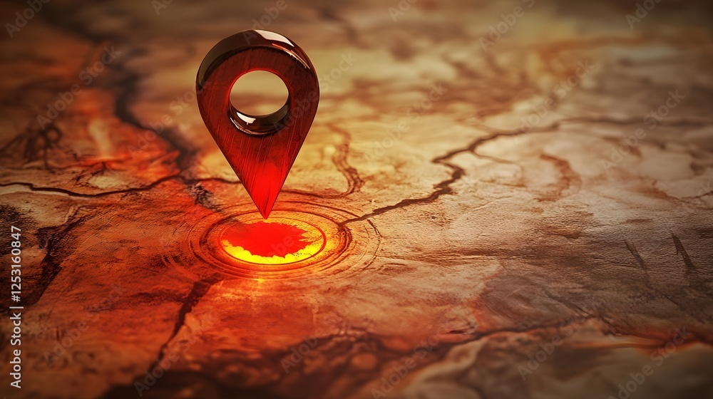 Poster Glowing navigation pointer icon on a rugged textured autumn landscape terrain  The image depicts a vibrant warm toned geological surface with a bright illuminated map marker or GPS locator symbol