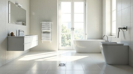Fototapeta premium Modern minimalist bathroom interior design featuring a freestanding bathtub, wall-mounted toilet, and sleek vanity with ample storage