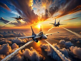 Stunning Aerial View: Three Jets in Formation with Dramatic Smoke Trails and Bokeh Effect