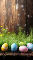 Easter-themed wooden display with colorful painted eggs and green grass