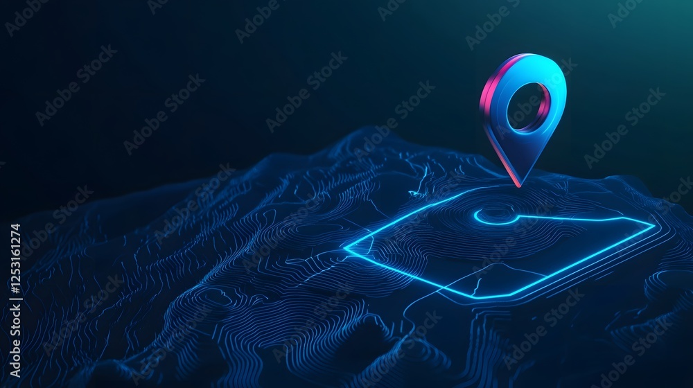 Poster Glowing Terrain Map Pointer Hovering Above a Minimalist Surreal Mountainous Landscape Bathed in an Ethereal Futuristic Glow at Night  This Digital