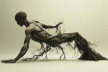Fototapeta premium Human muscle fibers merging into tree roots surreal art