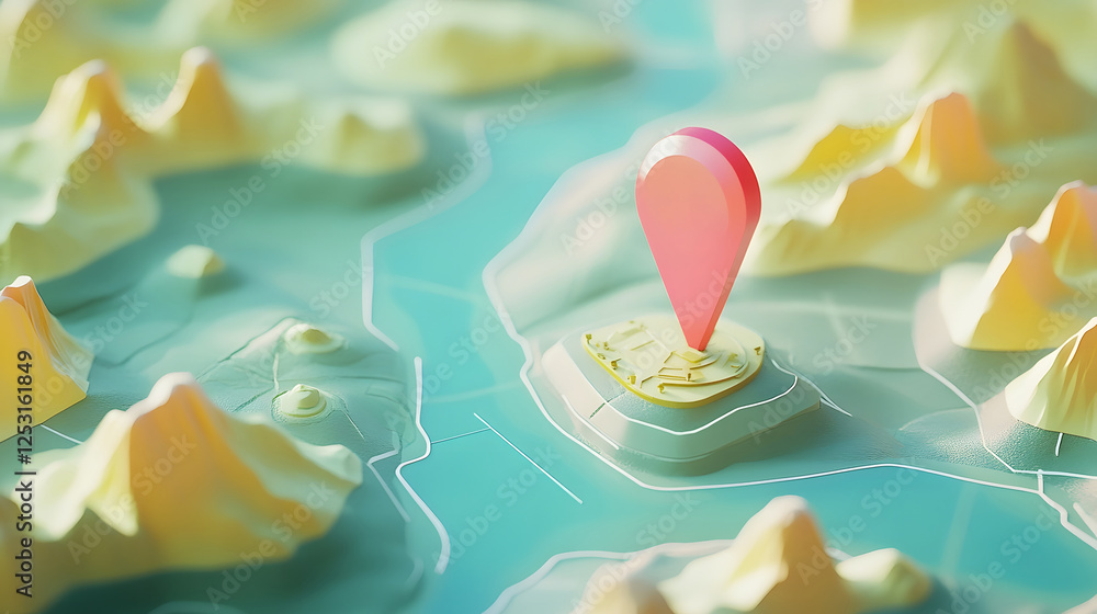 Leinwandbilder GPS Map Navigation Pin Pointer Highlighting Travel Adventure Discovery Destination on Crumpled Paper Background with Minimalist Style