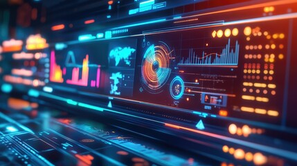 Obraz premium Futuristic interface displays data graphs, charts.