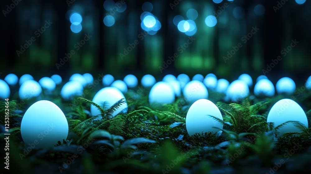 Poster mystical forest bathed in soft moonlight with enigmatic glow of eggs in enchanted setting