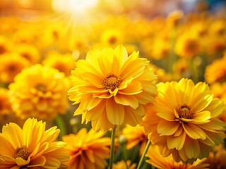 Fototapeta premium Stunning Panoramic Close-up of Vibrant Yellow Flowers, Blooming Meadow Background