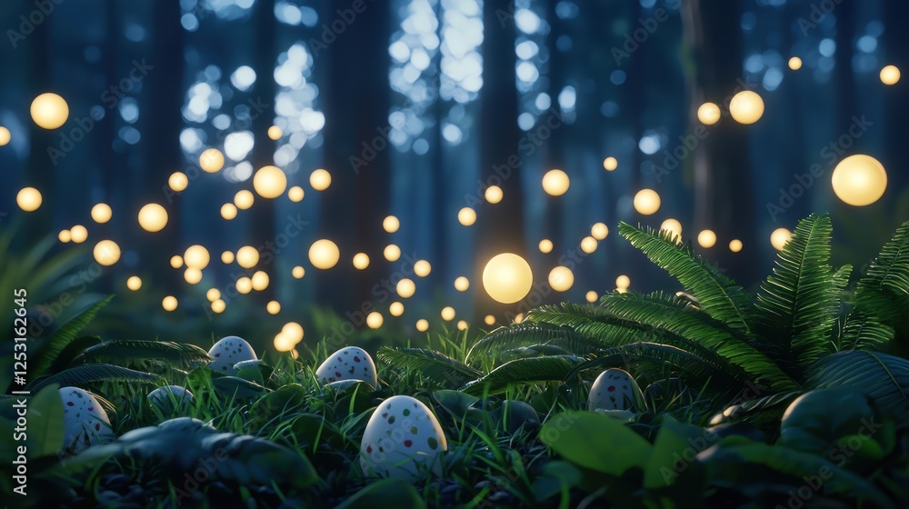 Poster ethereal forest path with illuminated spheres and enchanted ferns in a magical landscape