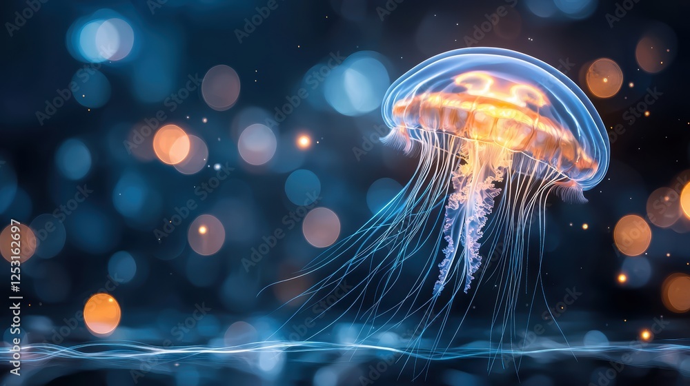 Poster ethereal jellyfish floating in dreamlike blue background with soft bokeh lights