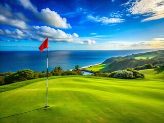 Stunning Oceanfront Golf Course: Red Flag on Lush Green, Coastal Landscape