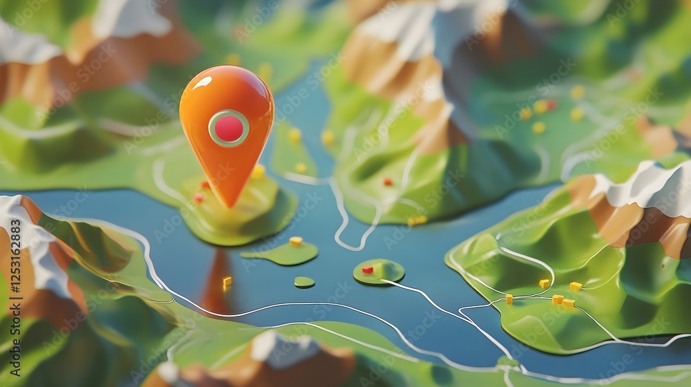 Poster green nature landscape with geolocation pin marker icon on digital map or mobile app interface conce