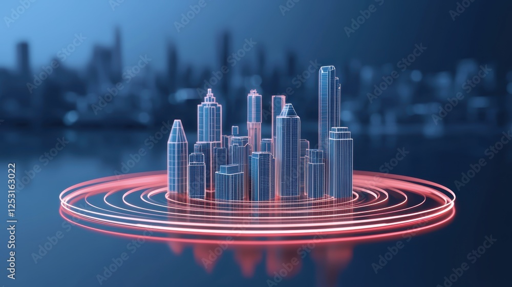 Poster futuristic abstract skyline of a city rendered with glowing elements and modern architecture